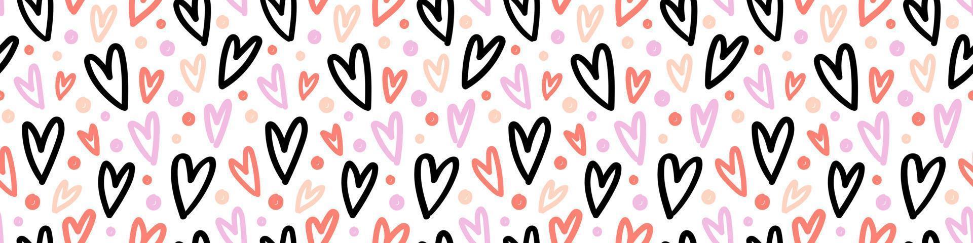 Hand drawn Hearts seamless Pattern for textile, wallpaper, greeting card, wrapping, package design. Simple background in pink, red, beige, black. Vector illustration.