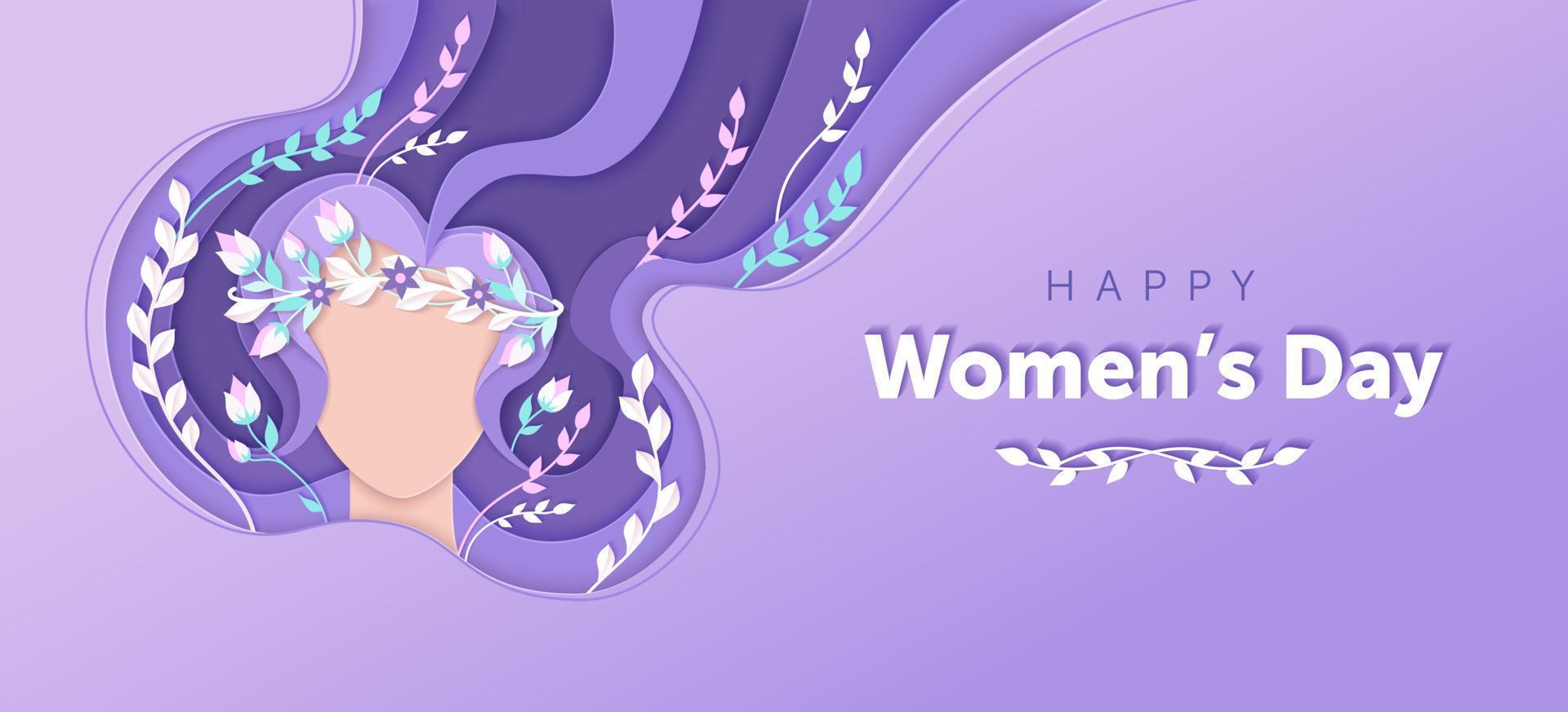 Creative Womens day paper cut banner in a purple colors. 8 march greeting card with a woman face, flowing hair, flowers and leaves. Spring background. Beauty salon design. Vector illustration.