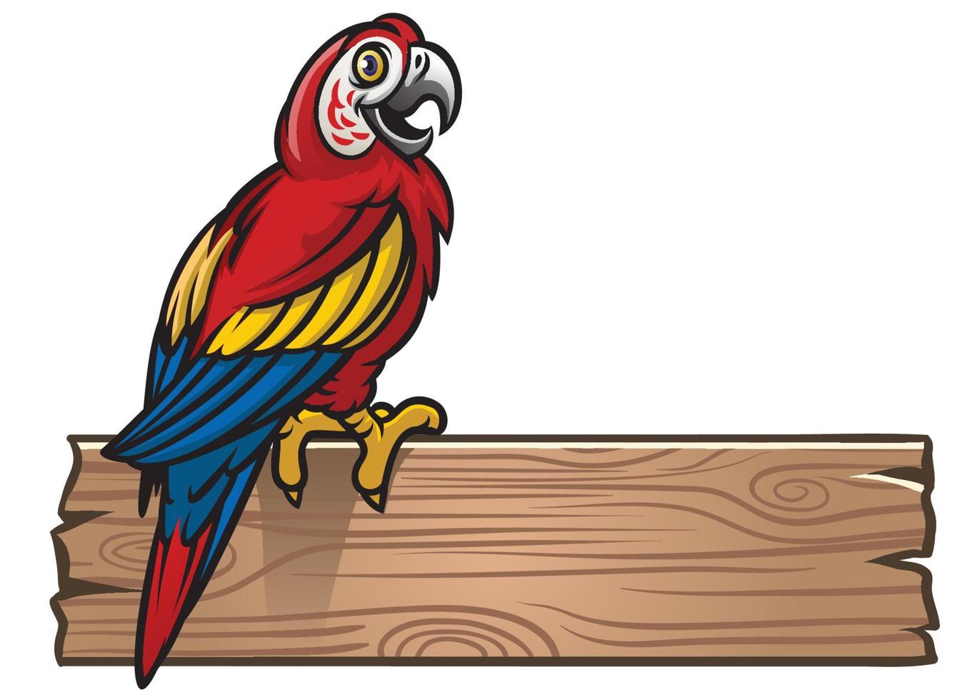 rojo guacamayo pájaro soportes en el blanco de madera firmar vector