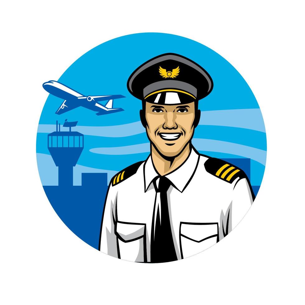 sonriente piloto con antecedentes de el aeropuerto vector