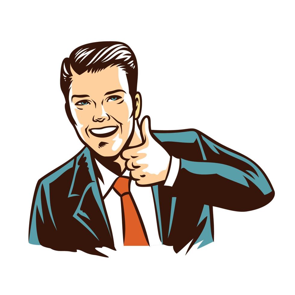 retro illustration man in black suit thumb up vector