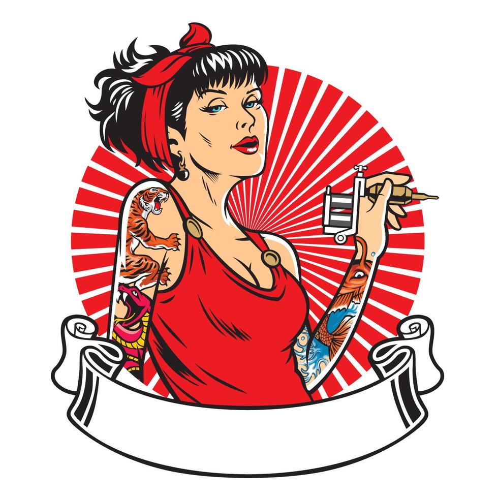 tattoo girl artist in vintage style illustration vector