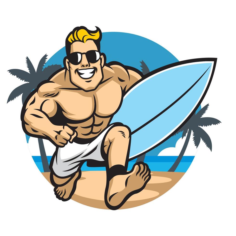 muscle body surfer running at the beach vector