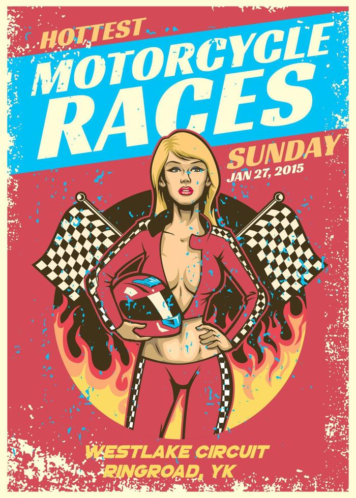 sexy girl in motorcycle race event poster in grunge textured style vector