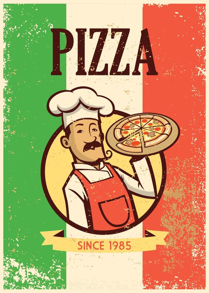 retro style chef presenting a plate of pizza vector