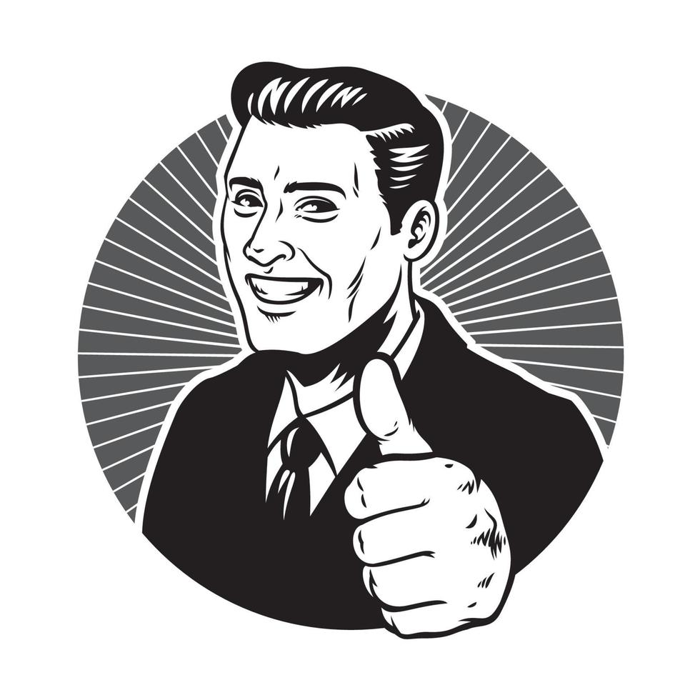 retro illustration man thumb up vector