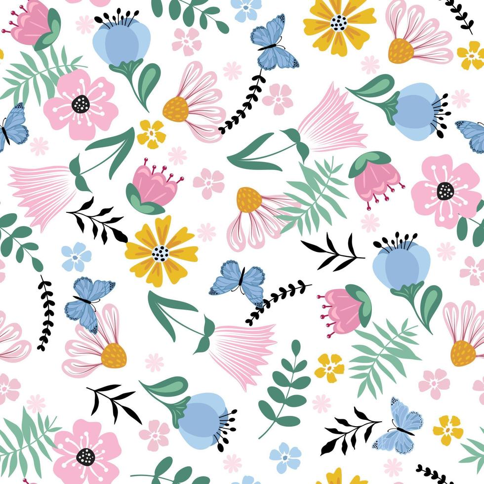 Cute, bright background with cute flowers and butterfly. Seamless flowers pattern vector