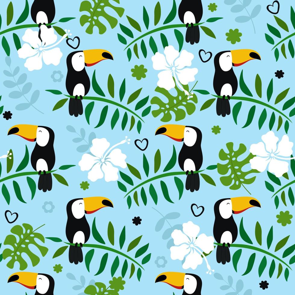 Exotic bird toucan, leaves, flowers and hearts. Funny seamless pattern. vector