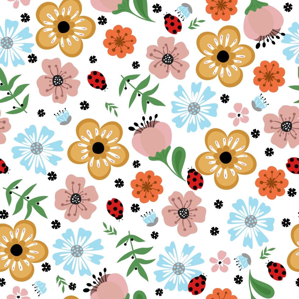 Colorful seamless pattern with insects and flowers. Summer floral repeat background for fabrics or wallpapers. vector