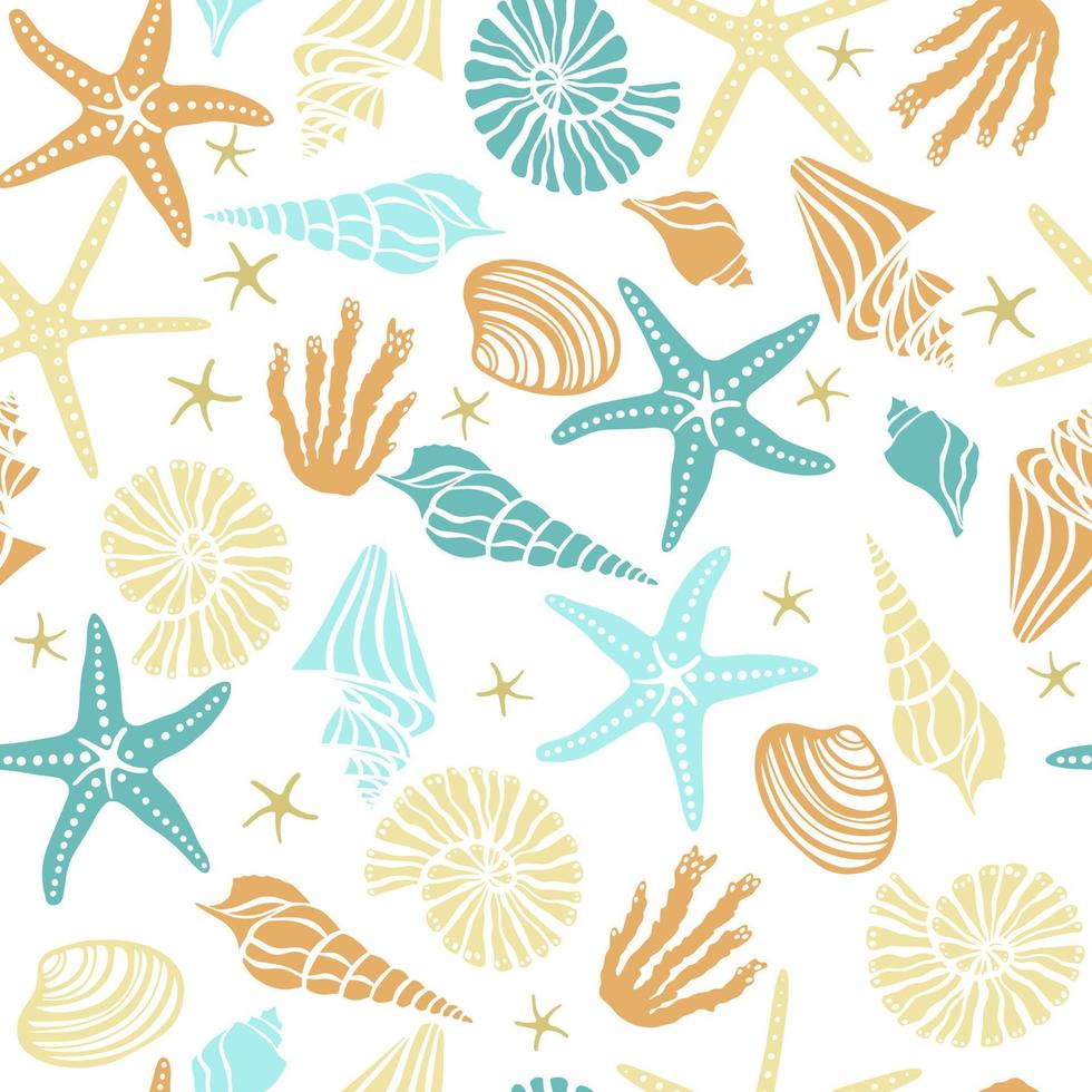 Sea shells and starfish seamless pattern. Cartoon style texture for textile, paper. Hand drawn doodle beach shells, mollusk. Cute ocean background. vector