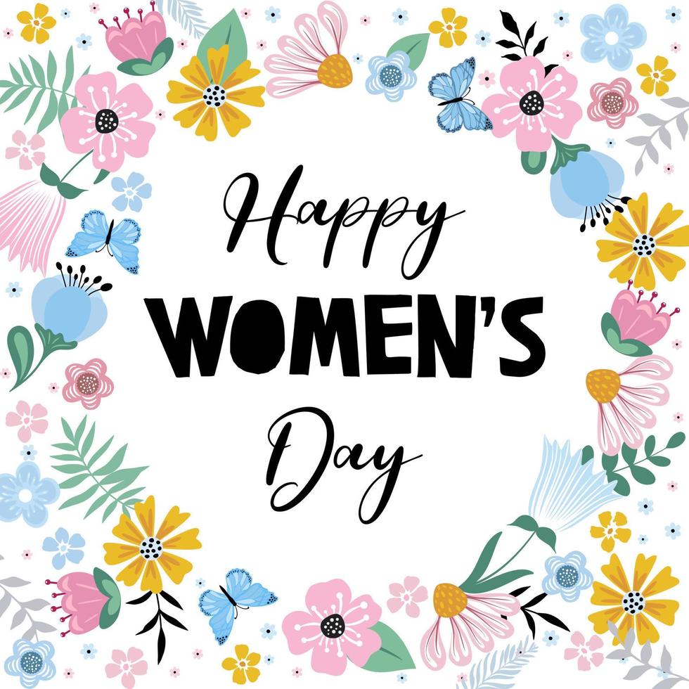 internacional De las mujeres día. bandera, volantes para marzo 8 decoración con papel flores y dibujado a mano inscripción. vector