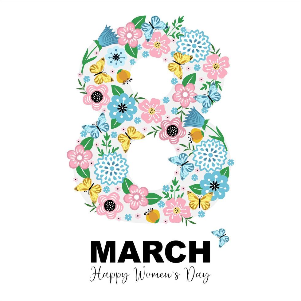 8 March. Happy Women's Day. Spring holiday. Card design with hand drawn floral ornament. Colorful background with blossom. vector