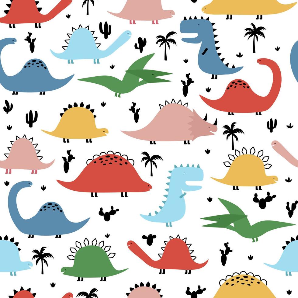 Seamless pattern with cute dinosaurs, palms and cacti for children print. vector