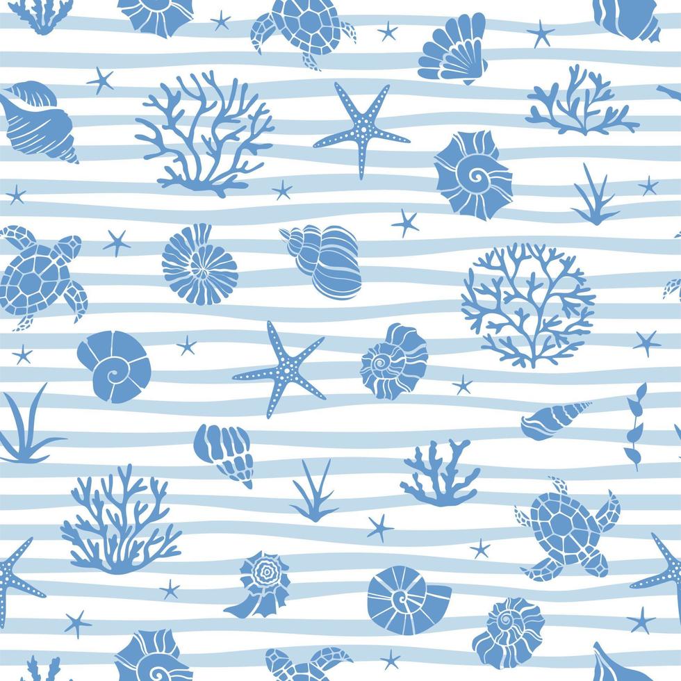 Blue seamless pattern with underwater life objects - seashells, starfish, corals, algae and sea turtles. vector