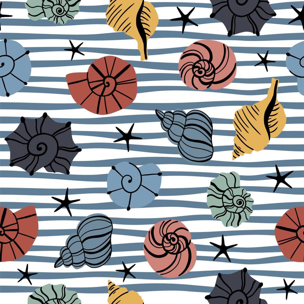 Seamless pattern with hand drawn seashells on strip backgraund. Creative marine texture. Great for fabric, textile vector Illustration