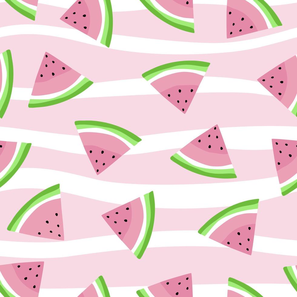 Watermelon Seamless Pattern Vector illustration, watermelon slices on pink and white stripes background.