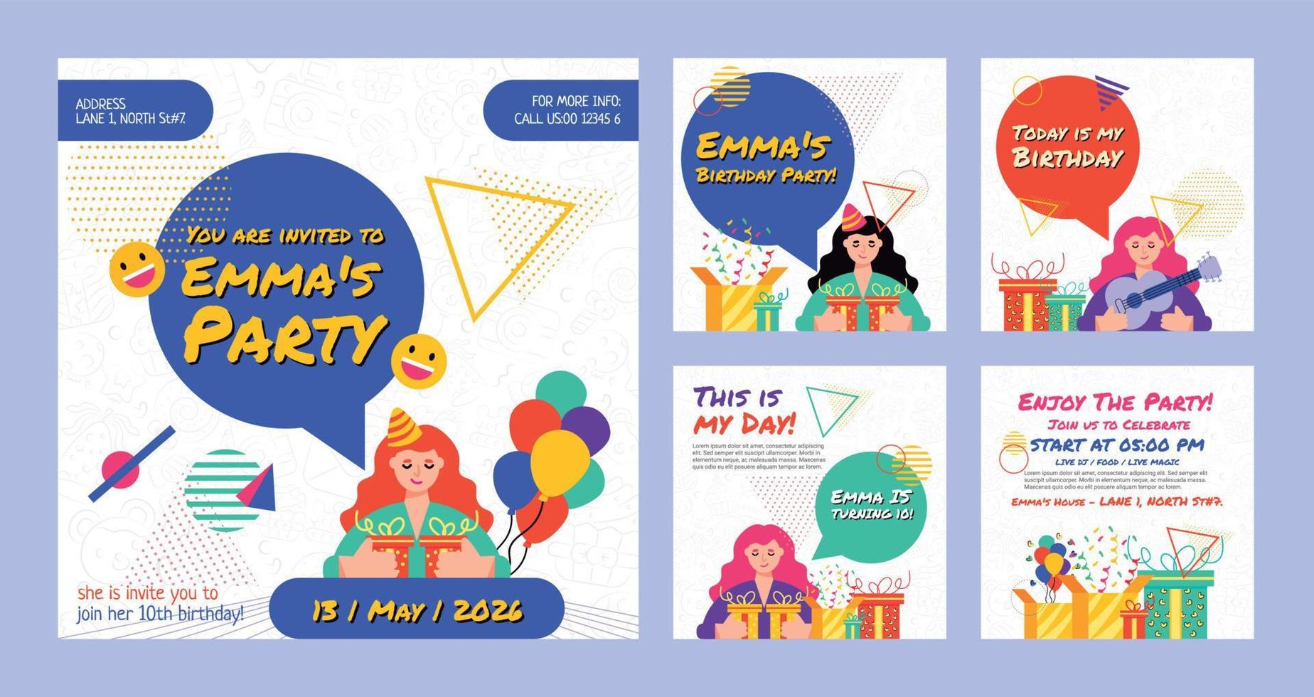 5 Posts collection for birthday celebration. Happy birthday greeting card and party invitation vector