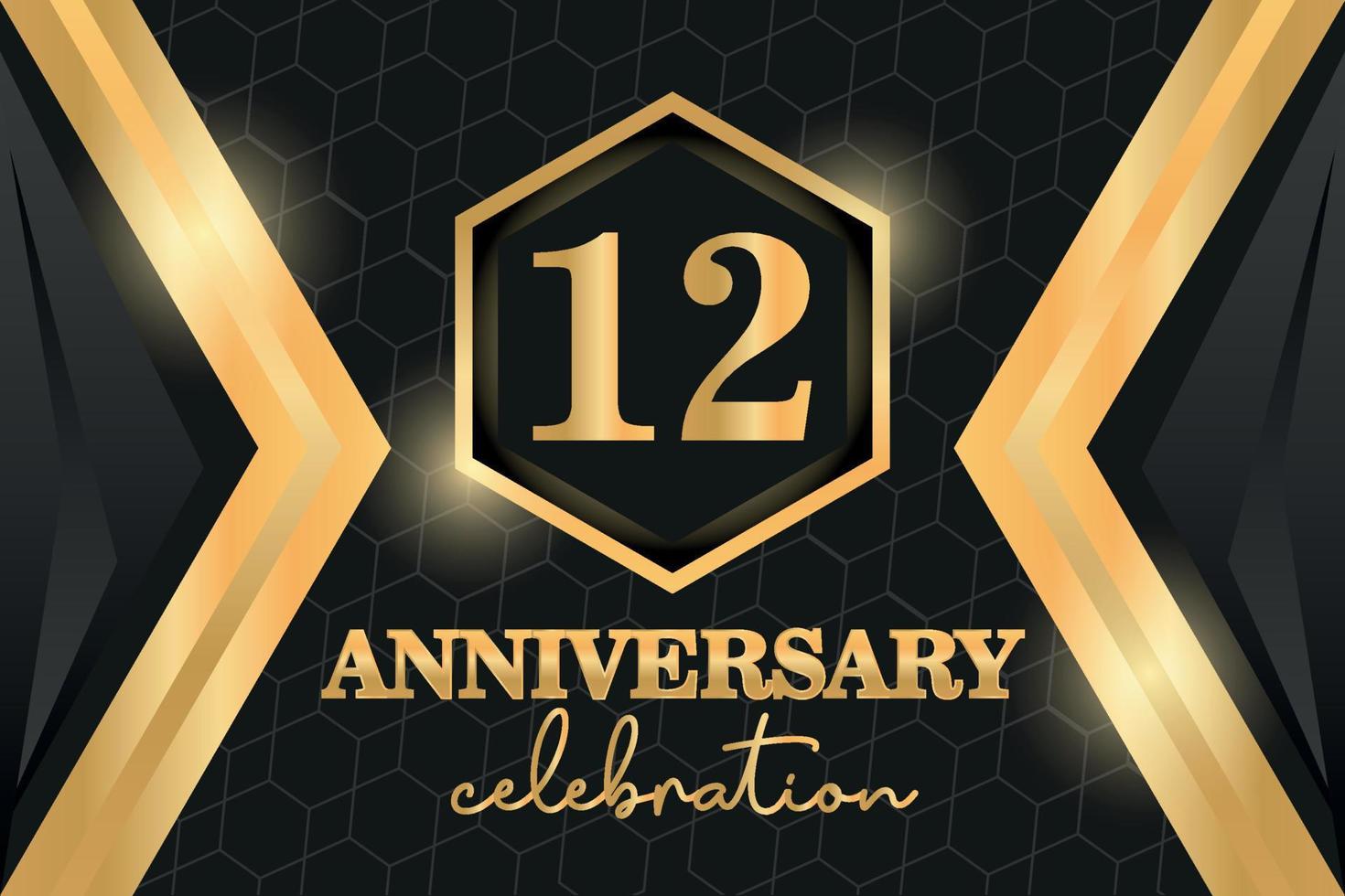 12 Years Anniversary Logo Golden Colored vector design  on black background template for greeting