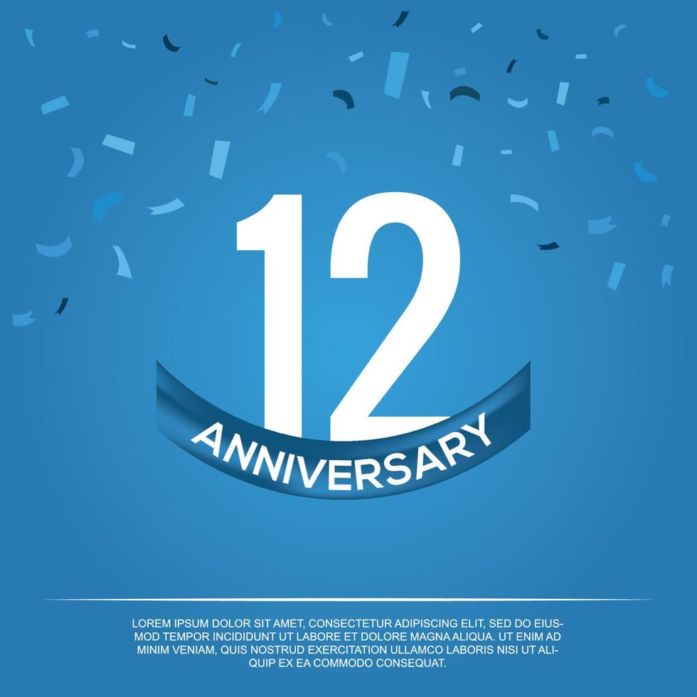 12th anniversary celebration vector design with white color numbers and white color font on blue color background abstract