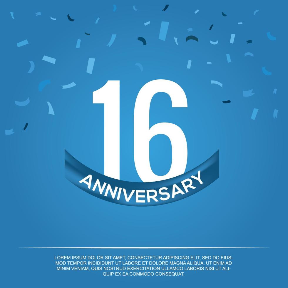 16th anniversary celebration vector design with white color numbers and white color font on blue color background abstract