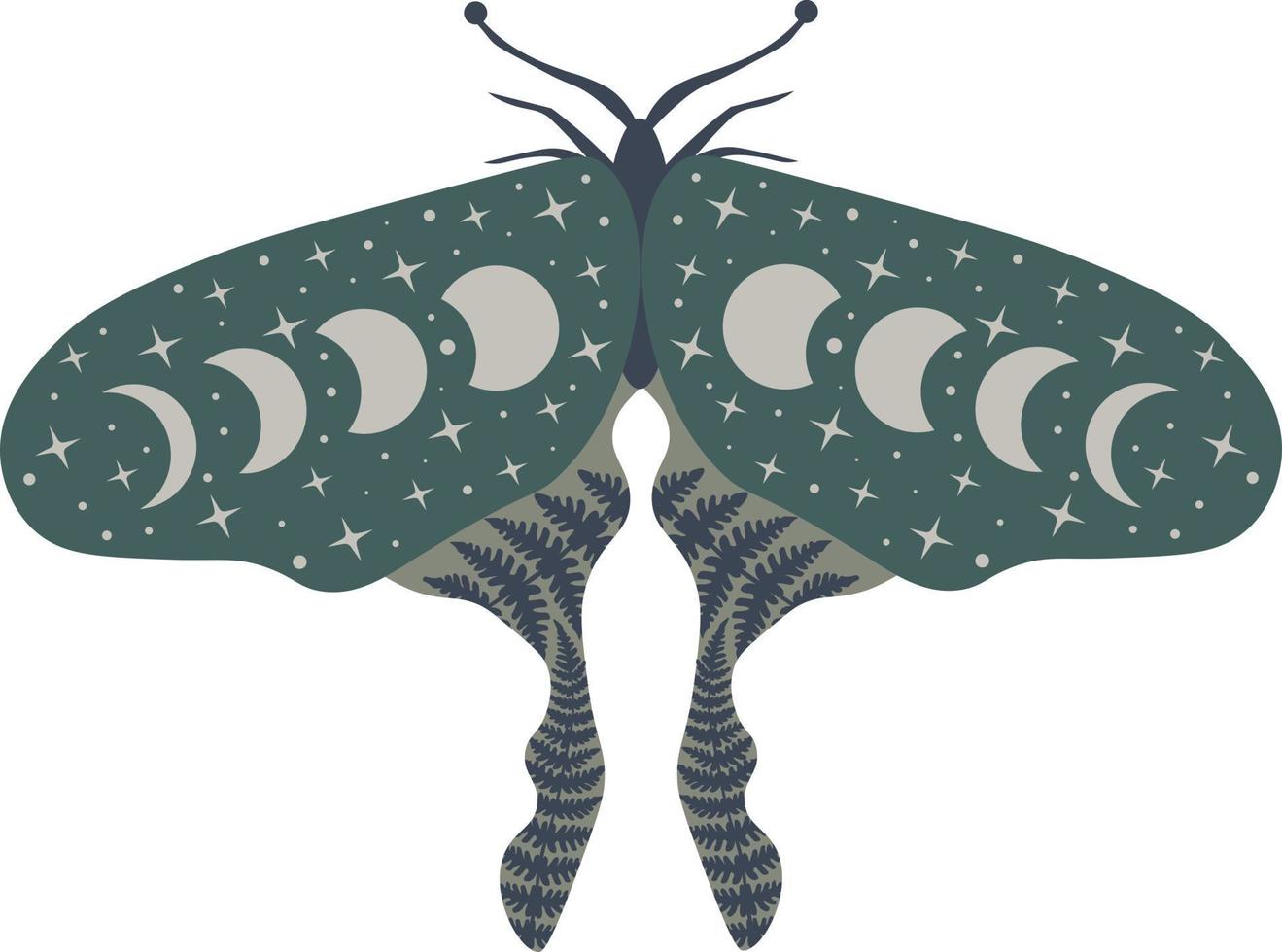 Celestial butterfly vector illustration. Mystical luna moth with moon phases. Magic floral insect on white background. Design for boho poster, card, madical t shirt print, tag, sticker.