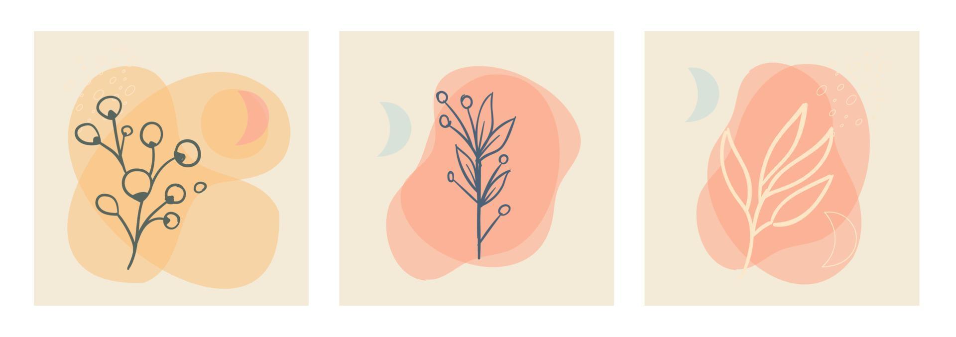 Botanical wall art vector set. Aesthetic Foliage line art drawing with organic abstract shapes. Plant Art design for print, cover, wallpaper. Minimalist and natural design.