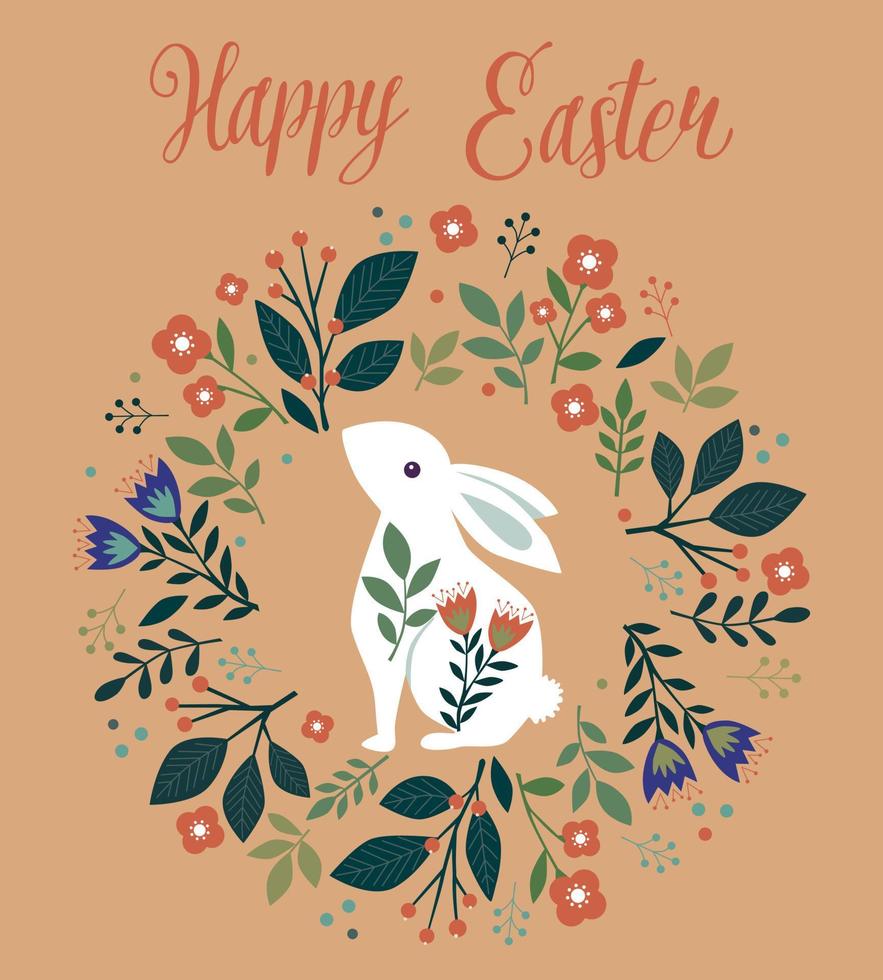 Happy easter card with text wreath and bunny vector
