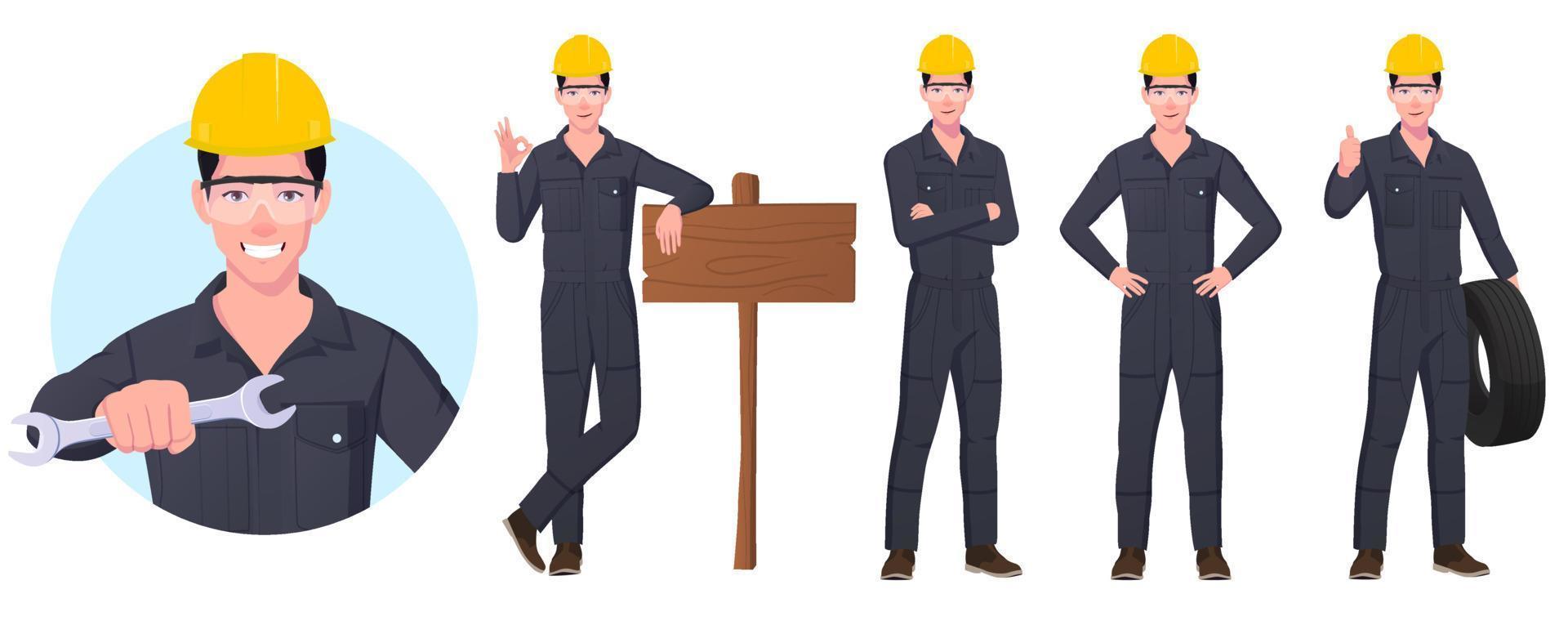 Engineer Character Wearing Hard helmet and Safety Glasses In Various Poses, Mechanic Character Set vector