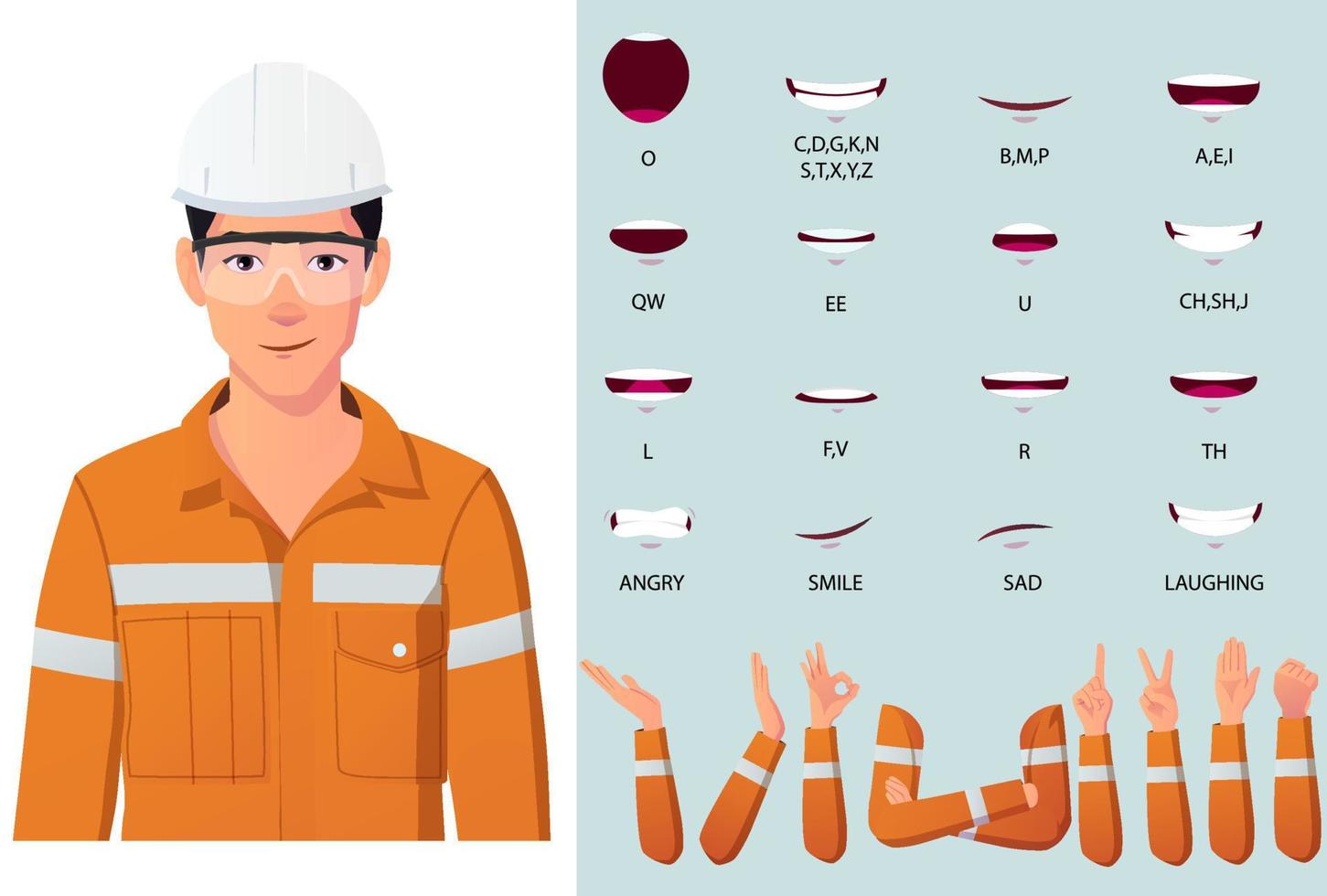 ingeniero personaje cara gestos, mano animación y labio sincronizando diseño equipo vector