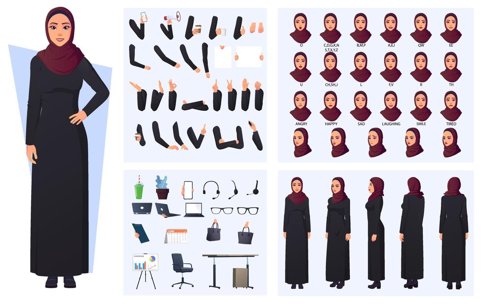 Muslim Arabic Woman Character Creation Pack with Woman wearing Black robe and red Hijab, Arabic woman mouth animation , body parts, Hand Gestures and Office Items vector