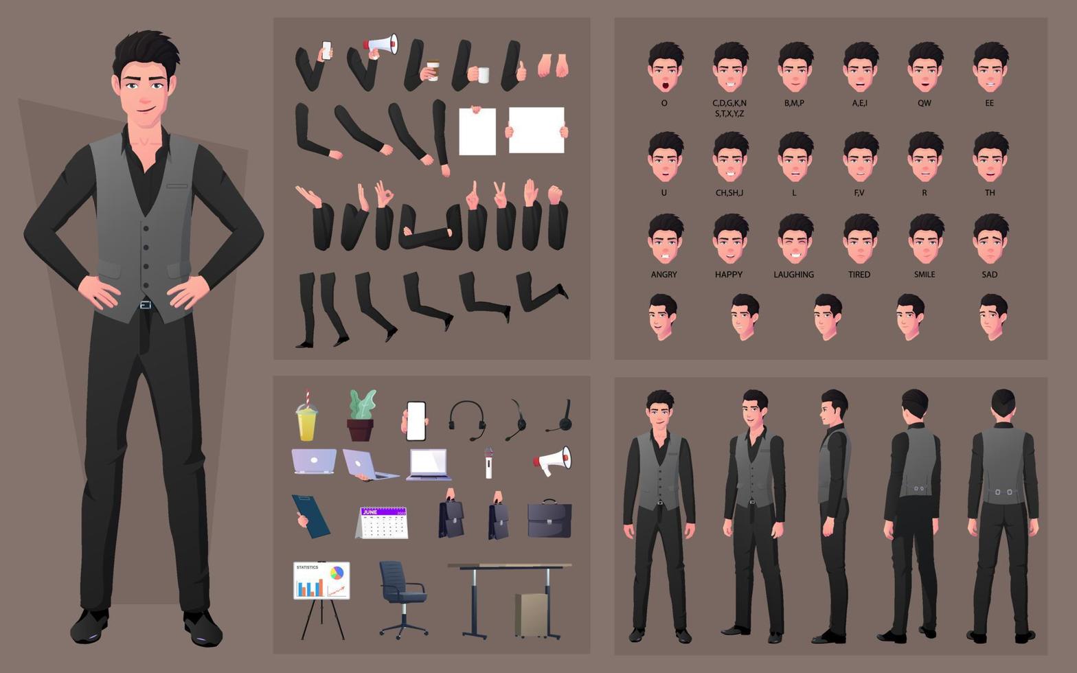 personaje creación equipo o bricolaje conjunto con negocio hombre en formal ropa, cara gestos, labio sincronizar, oficina artículos y cuerpo partes vector