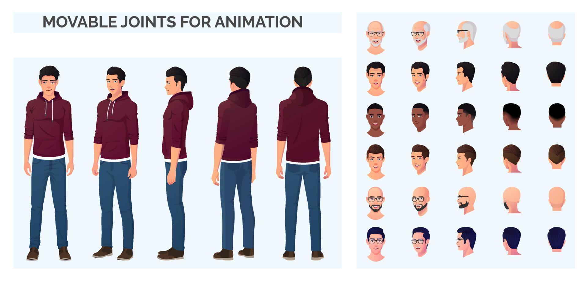 casual hombre personaje constructor para animación, dibujos animados hombre vistiendo capucha y azul pantalones personaje creación con frente lado y espalda ver vector