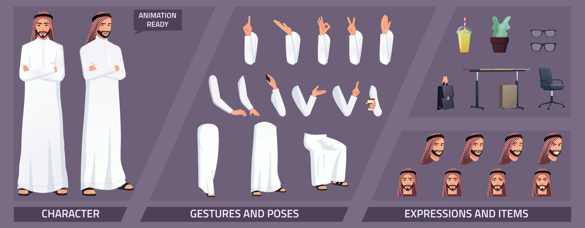 Stylized Muslim Arabic Businessman Character Constructor Pack with Expressions, Emotions, Poses and Some Office Items vector