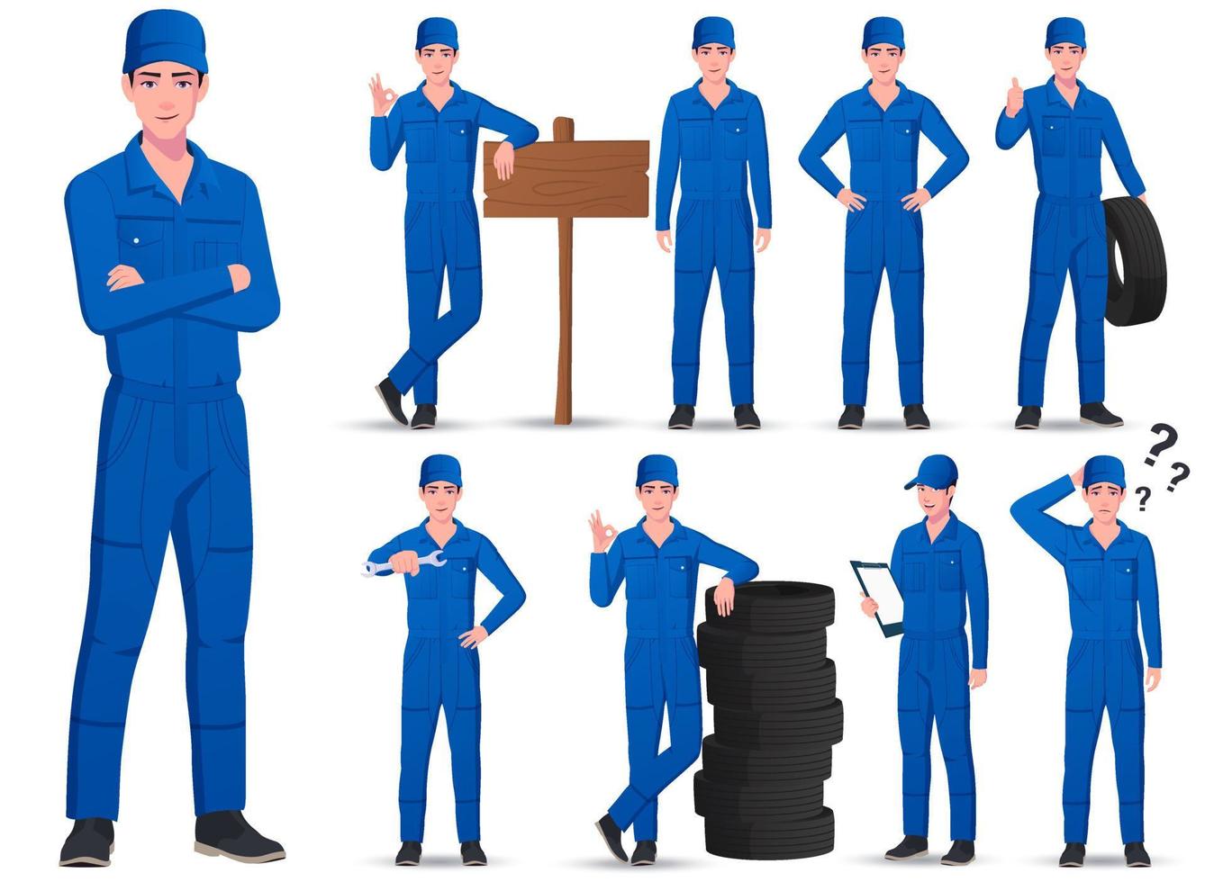 mecánico personaje colocar, mecánico ingeniero en varios poses vector