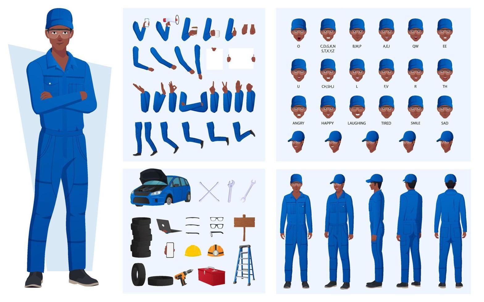 Mechanic Engineer Character Creation And Animation Pack. Black Mechanic Character gestures, Lip Sync, Expressions And Various Tools vector