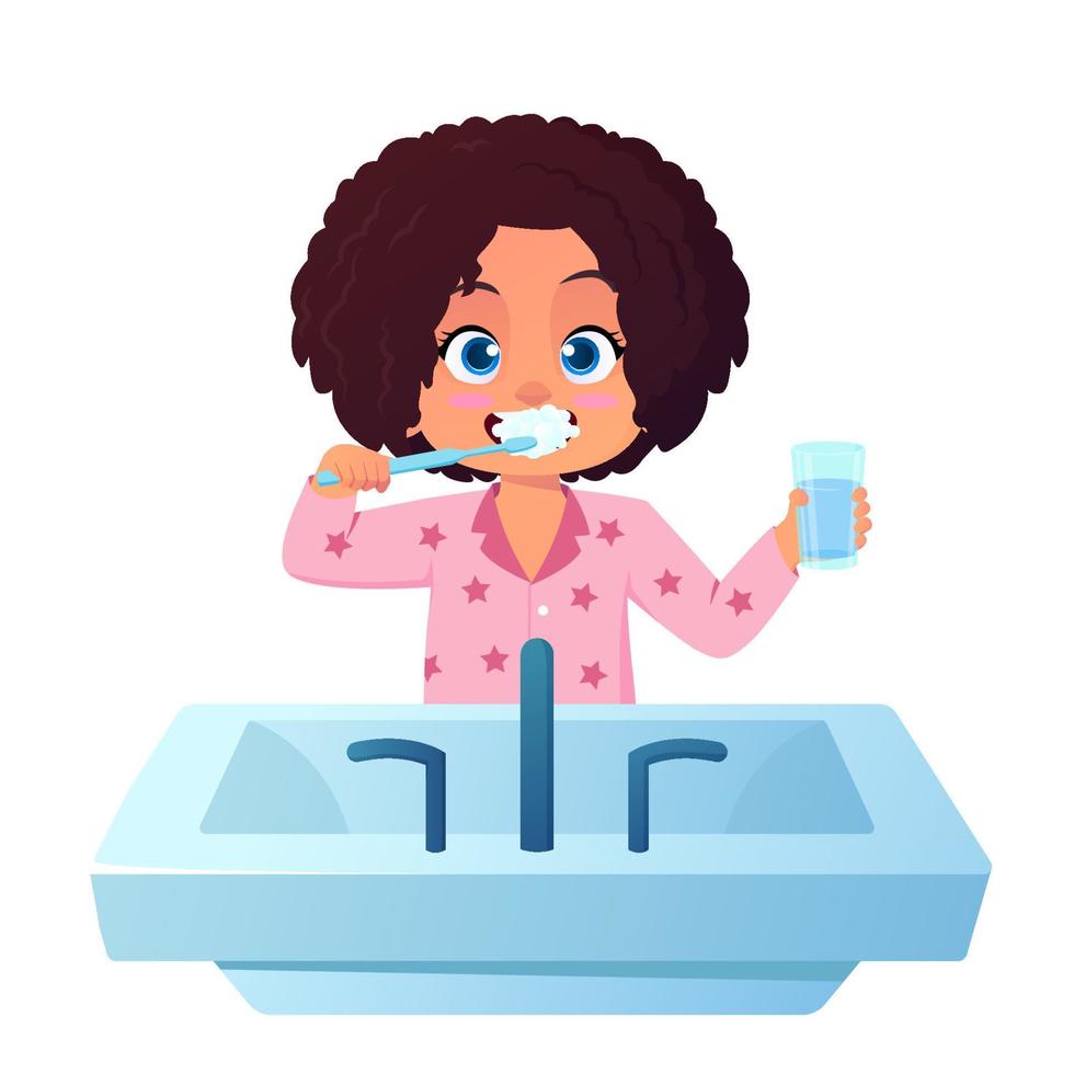 Cute Girl Brushing Teeth Cartoon Character Illustration vector