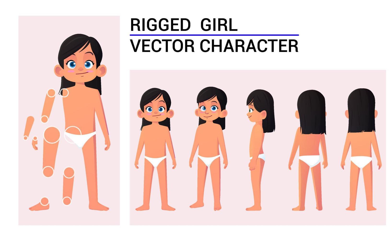 niño personaje creación conjunto para animación, niña vistiendo ropa interior con negro pelo poses vector