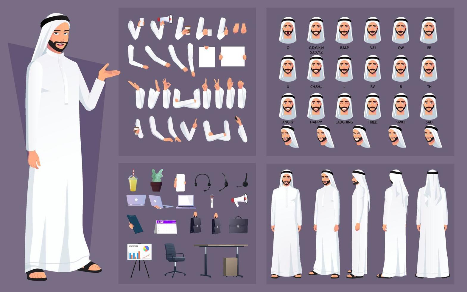 Arab Muslim Man Character Constructor Kit with Various face Poses, Animation Ready, body parts, lip-sync and Business Accessories vector