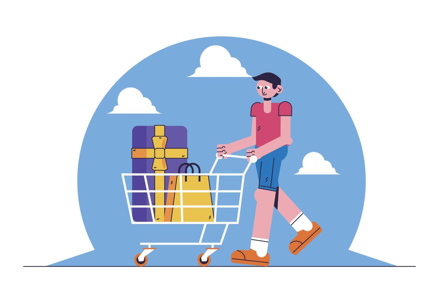 compras ilustración - hombre y carro bandera vector