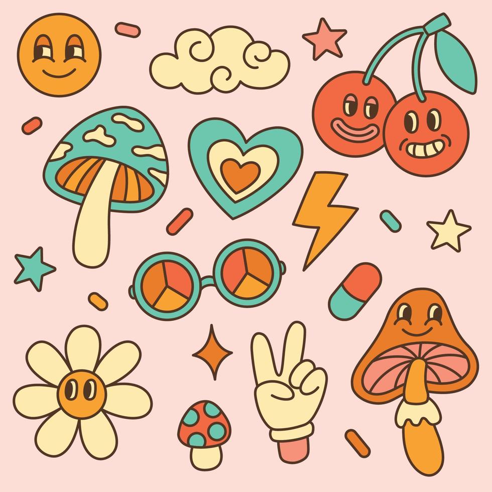 Retro 70s psychedelic vector set. Cartoon funky groovy hippie elements. Mushrooms, flower, cherries, sunglasses