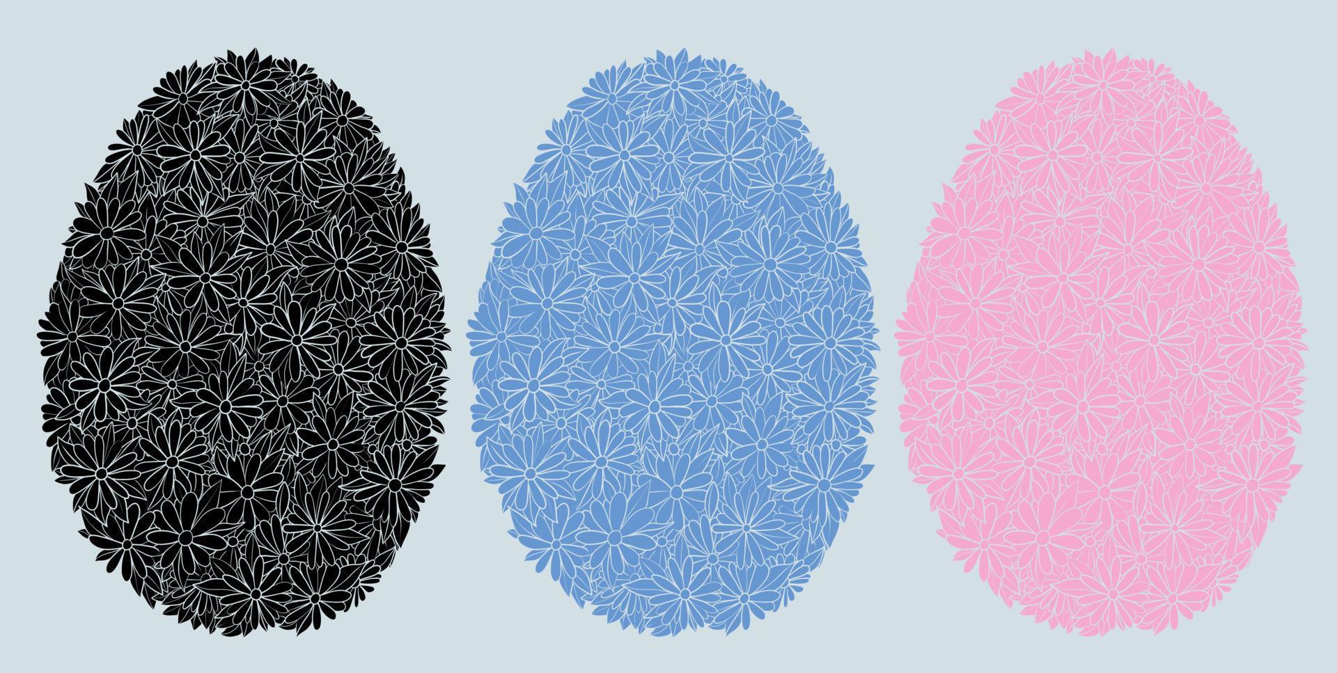 Easter eggs in the form of a background of camomiles. Spring mood in the form of a floral pattern. Black and color plain eggs. vector