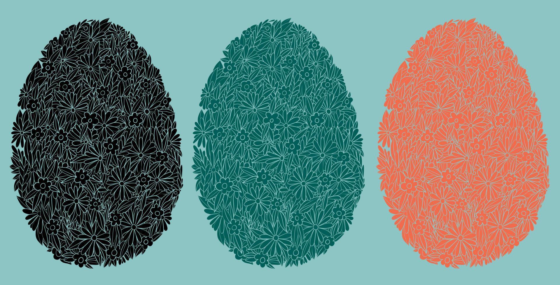 Pascua de Resurrección huevos en el formar de un antecedentes de primavera flores primavera estado animico en el formar de un floral modelo. negro y color llanura huevos. vector