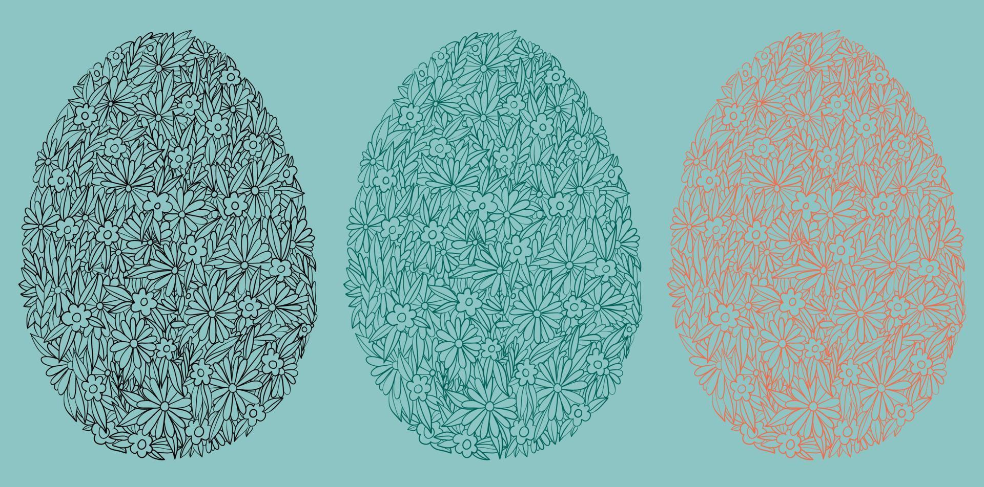 Easter eggs in the form of a background of spring flowers. Spring mood in the form of a floral pattern. Black and color outlines eggs. vector