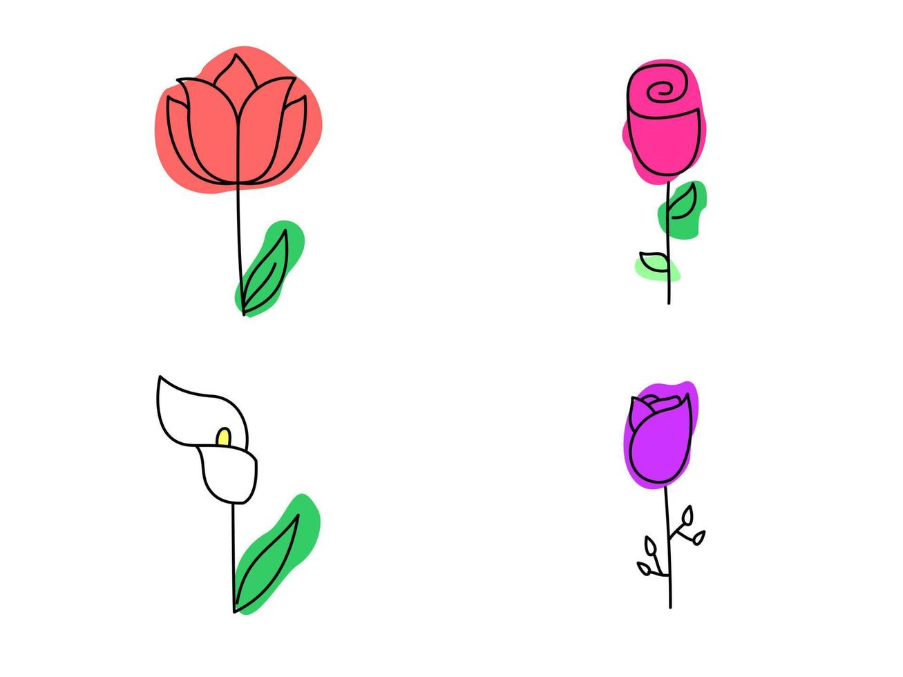 Collection of different flowers, abstract shapes. Round, abstract shapes, lines, floral. Minimalist style. Vector stock image. Line art. Modern hand drawn pictures.