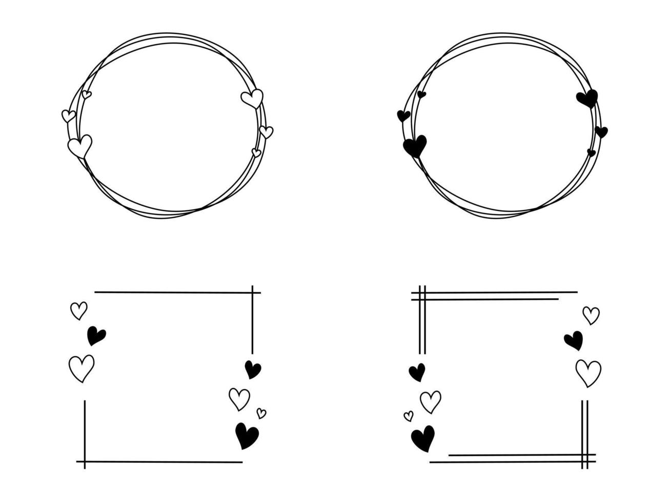 Set of vector graphic circle and rectangle frame. Wreaths for design, logo template. Branches, dots, hearts.