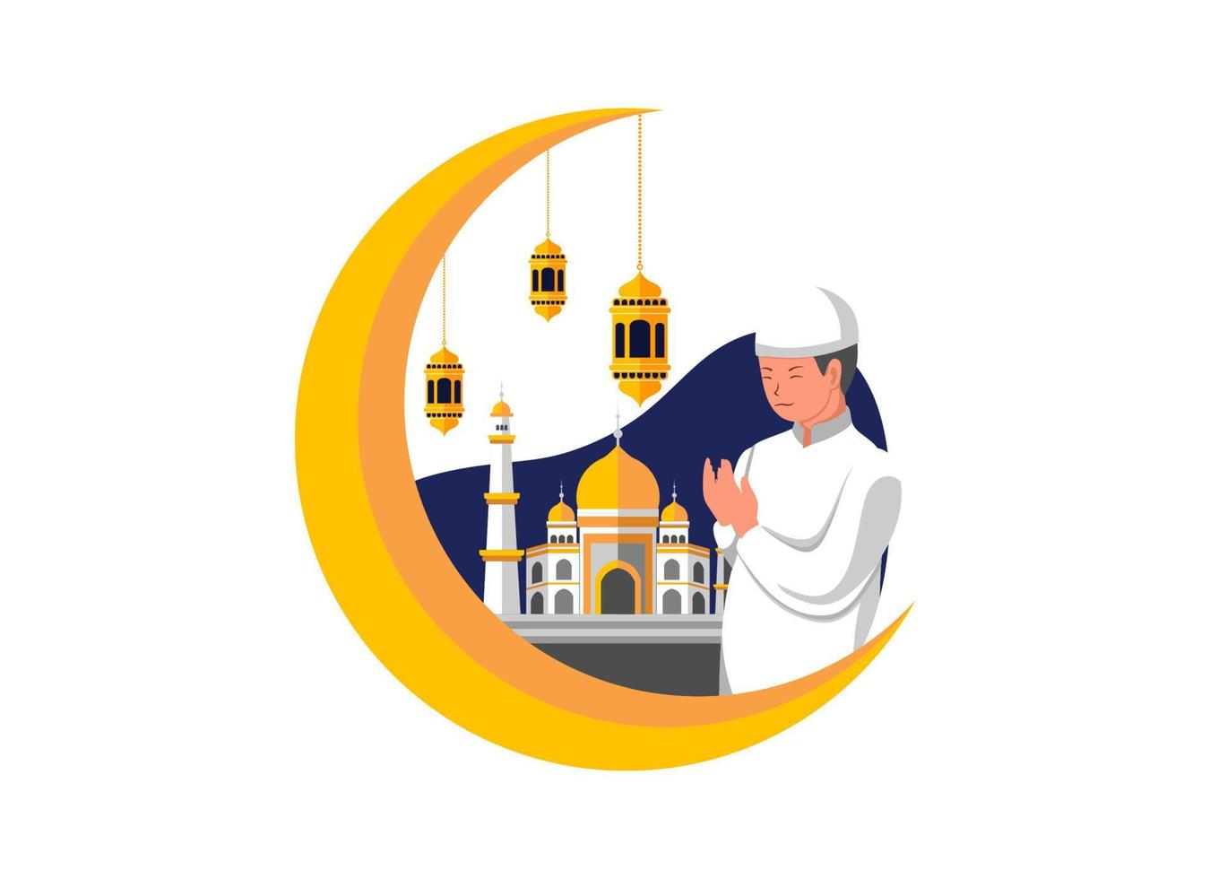 plano diseño ilustración de un chico Orando con mezquita y creciente Luna elementos vector