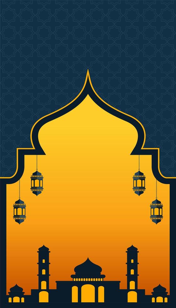 Ramadán social medios de comunicación historia modelo con mezquita en degradado naranja y oscuro azul vector