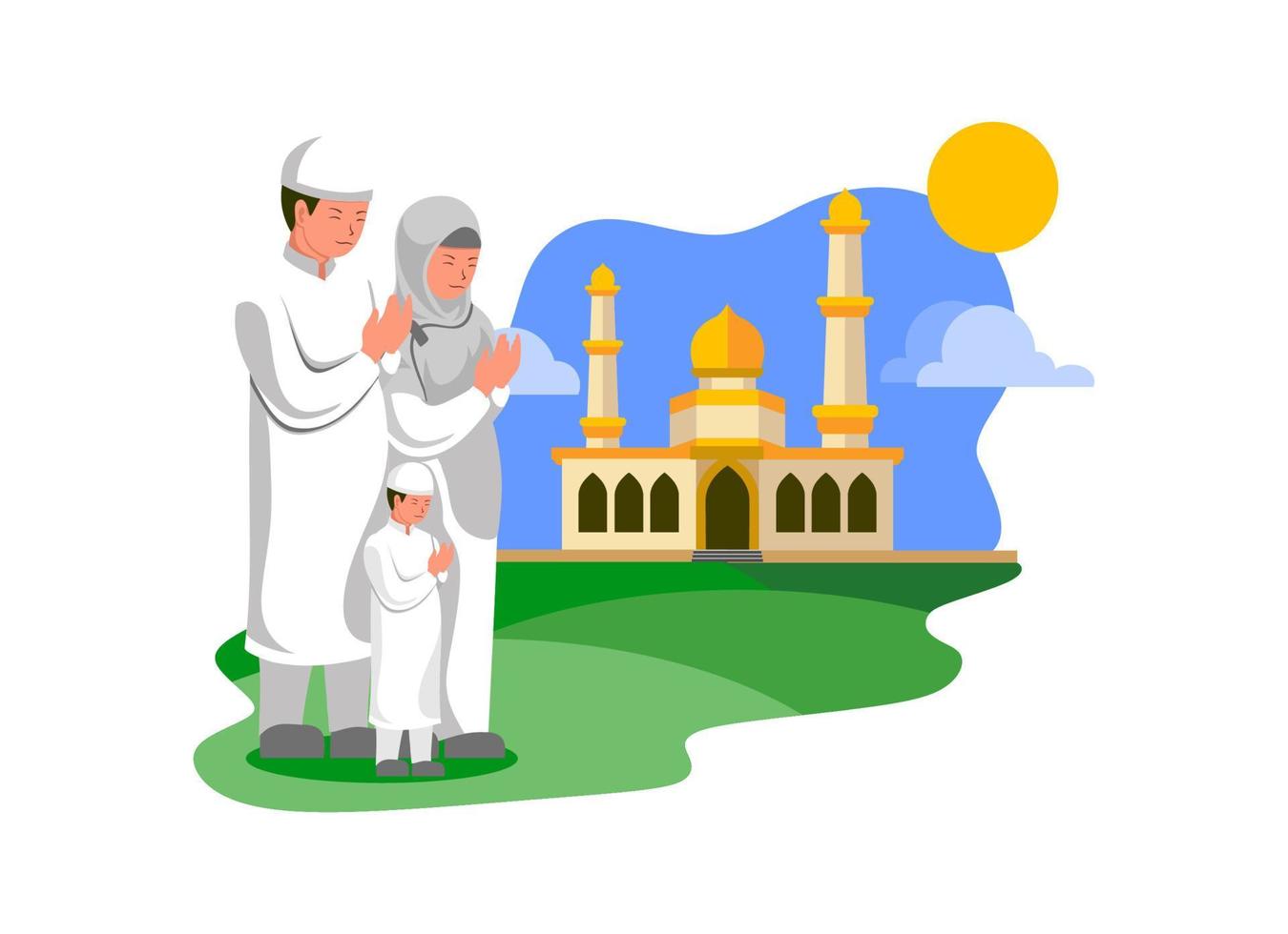 Family Prayer with Mosque Illustration in Flat Design vector