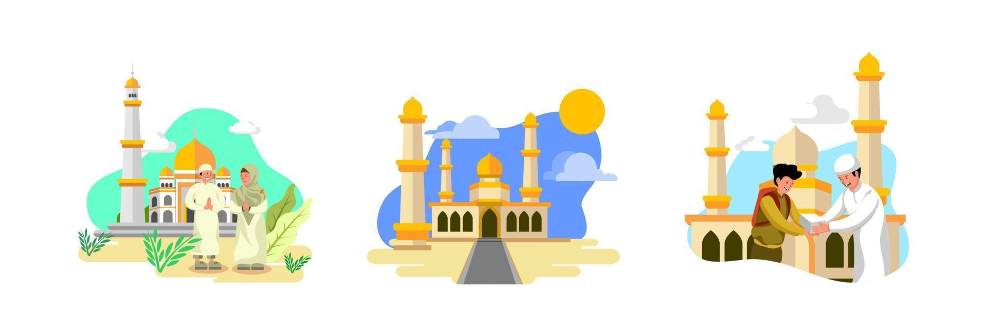 Mosque Illustration Set in Flat Design Style with Silaturahmi and Forgiveness Concept vector