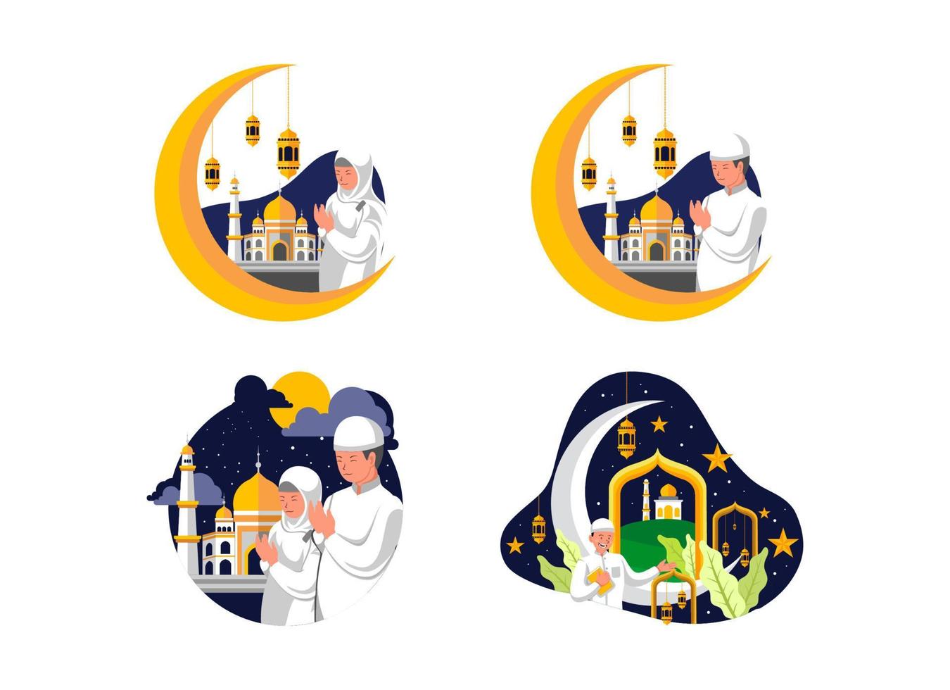 plano diseño ilustración conjunto de niños Orando debajo el creciente Luna en Ramadán vector